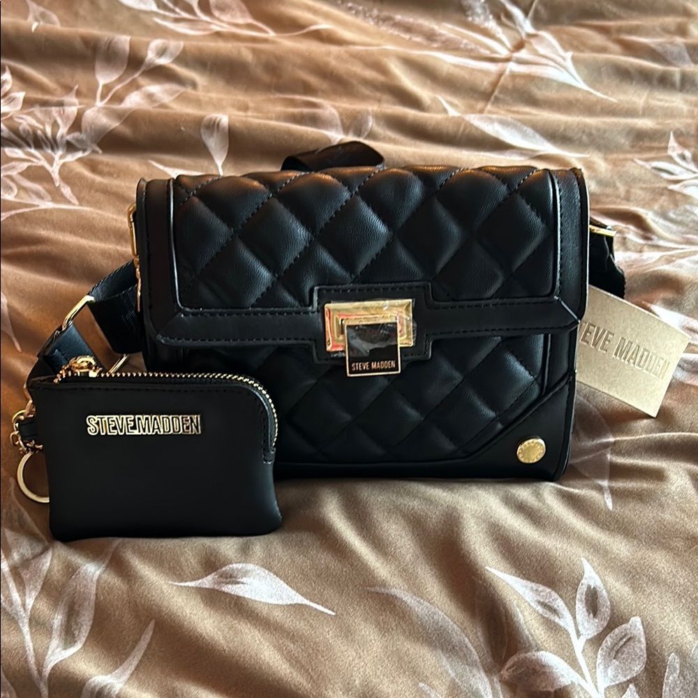 Steve Madden Black Quilted Crossbody with Gold Accents